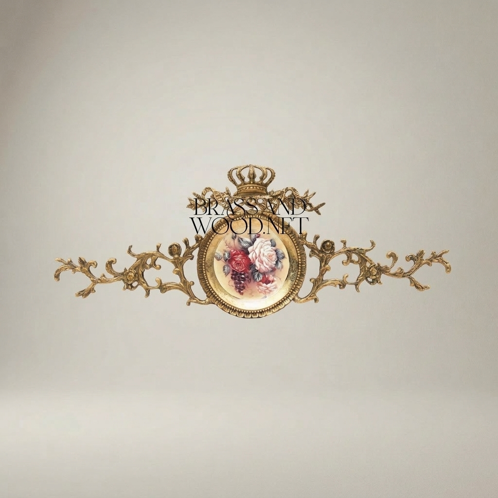 Rococo Brass Wall Cartouche with Hand-Painted Floral Medallion & Crown Crest — Antique Gold