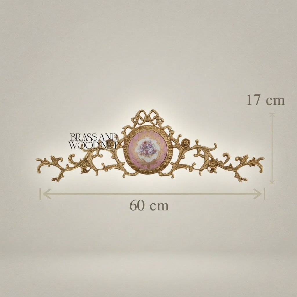 Rococo Brass Wall Cartouche with Hand-Painted Floral Ceramic Medallion — Antique Gold