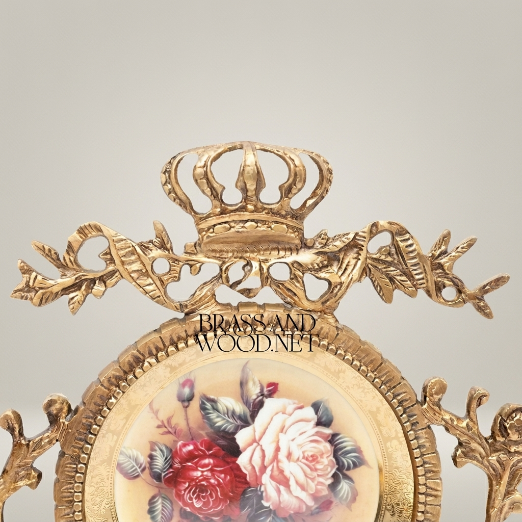 Rococo Brass Wall Cartouche with Hand-Painted Floral Medallion & Crown Crest