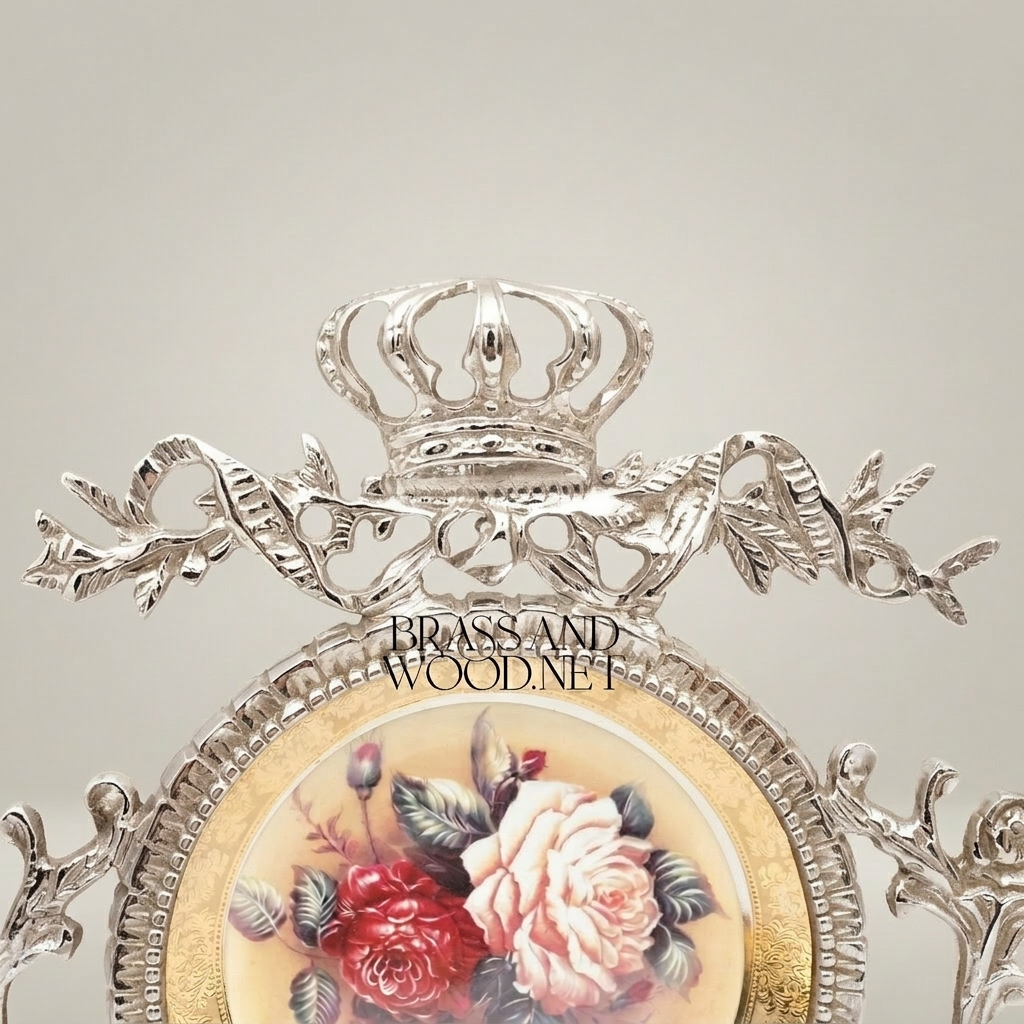 Rococo Brass Wall Cartouche with Hand-Painted Floral Medallion & Crown Crest — Silver