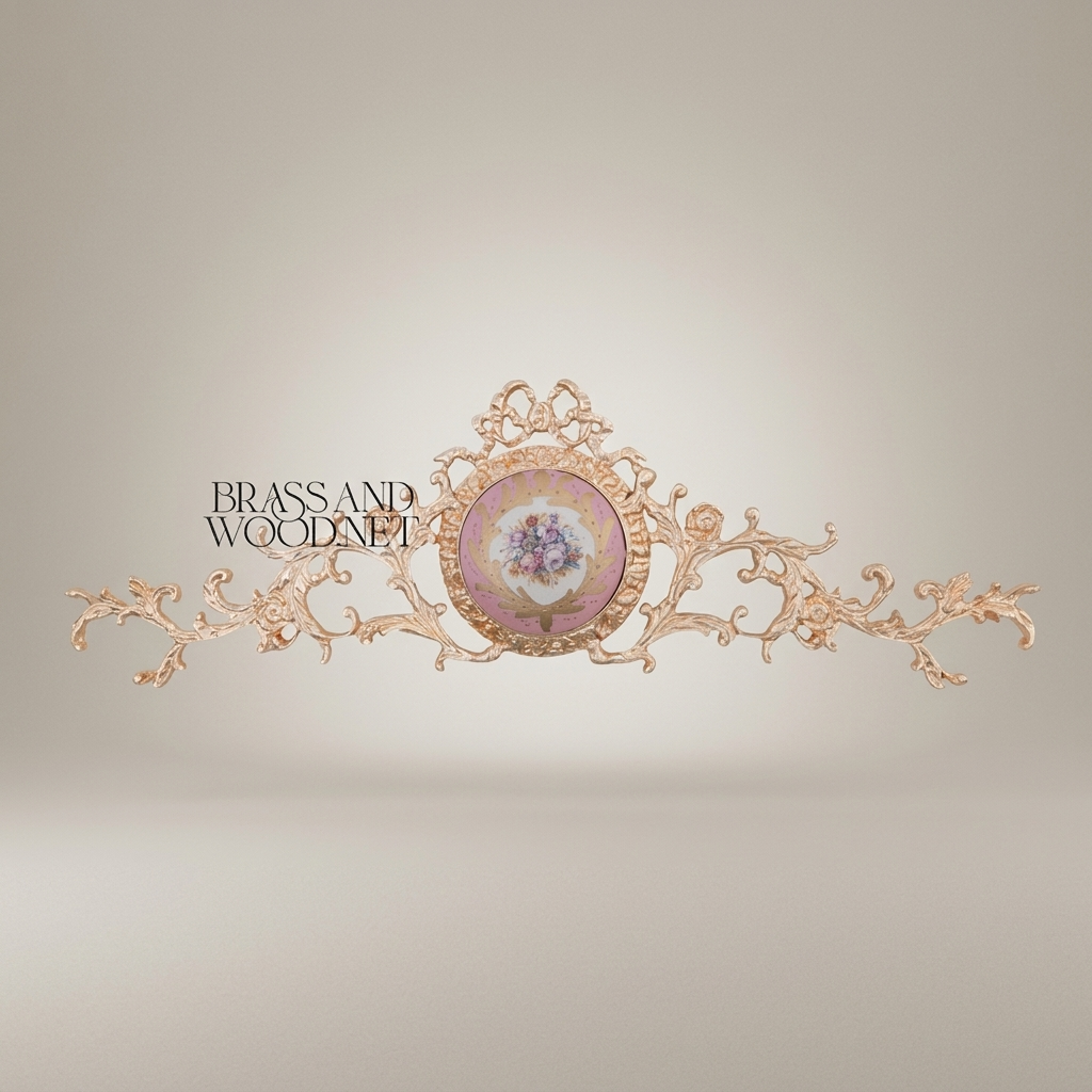 Rococo Brass Wall Cartouche with Hand-Painted Floral Ceramic Medallion