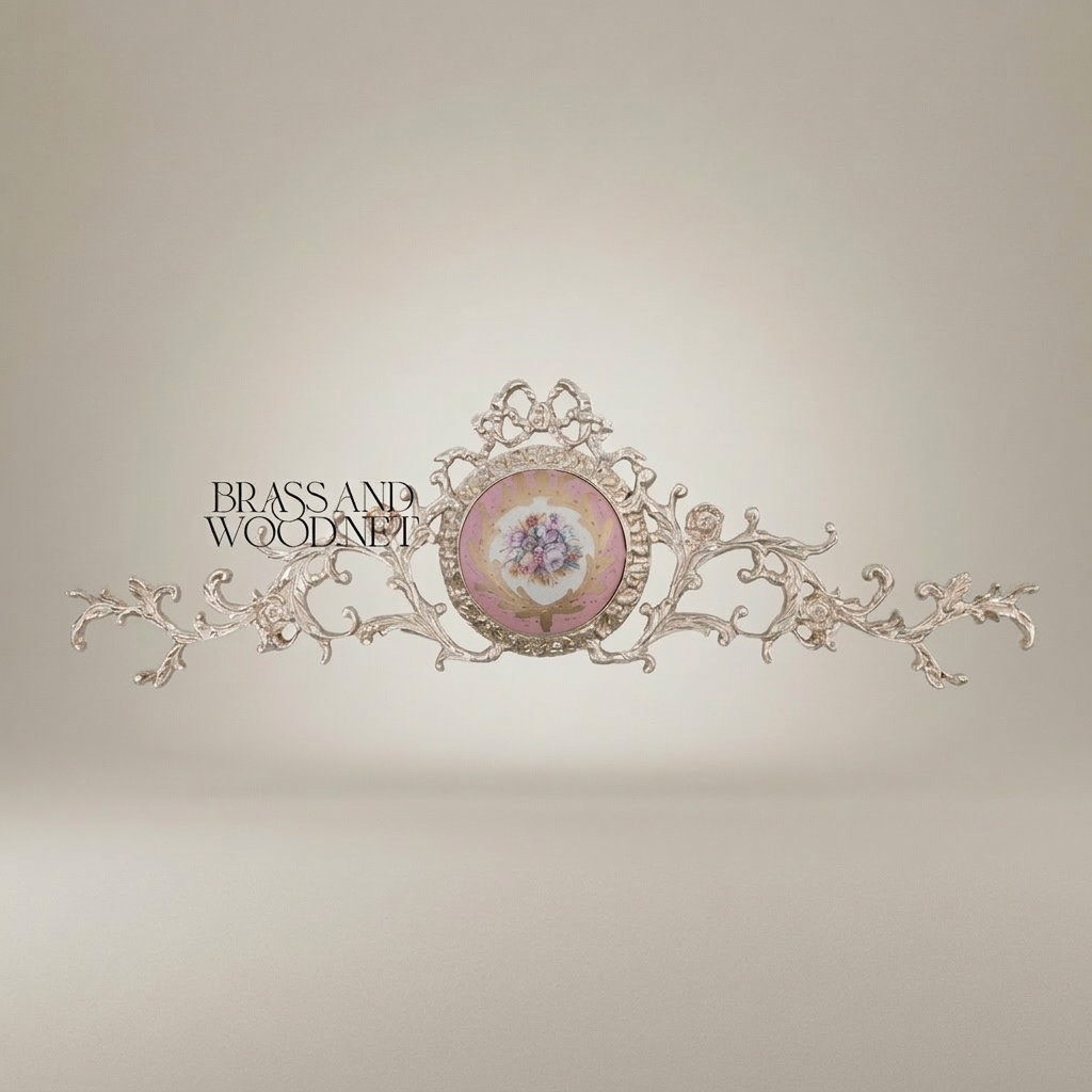 Rococo Brass Wall Cartouche with Hand-Painted Floral Ceramic Medallion — Silver