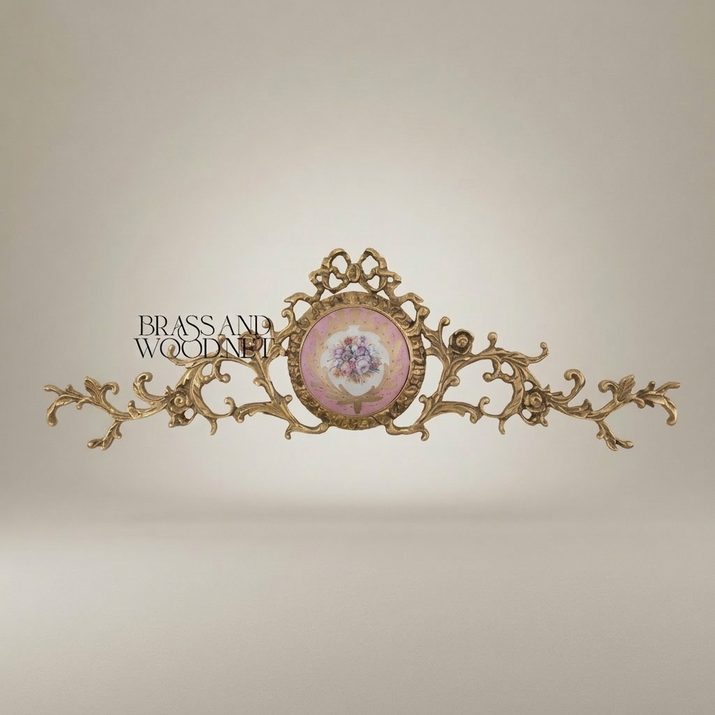 Rococo Brass Wall Cartouche with Hand-Painted Floral Ceramic Medallion — Antique Gold