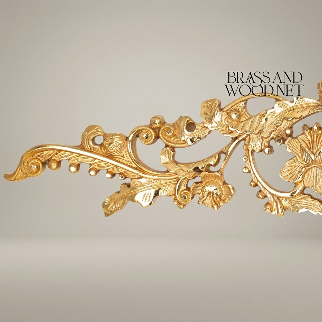 Rococo Brass Wall Cartouche with Porcelain Floral Medallion & Acanthus Scrollwork