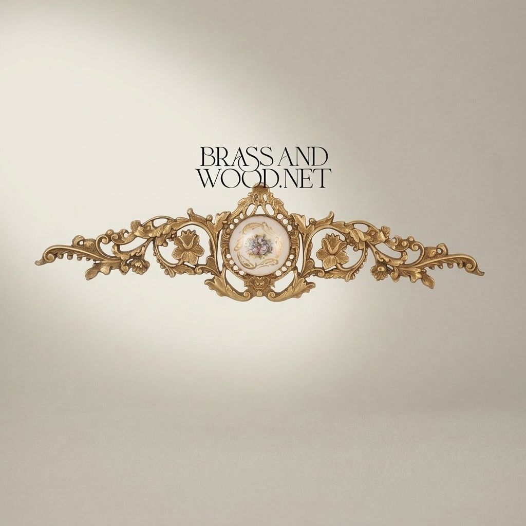 Rococo Brass Wall Cartouche with Porcelain Floral Medallion & Acanthus Scrollwork — Antique Gold