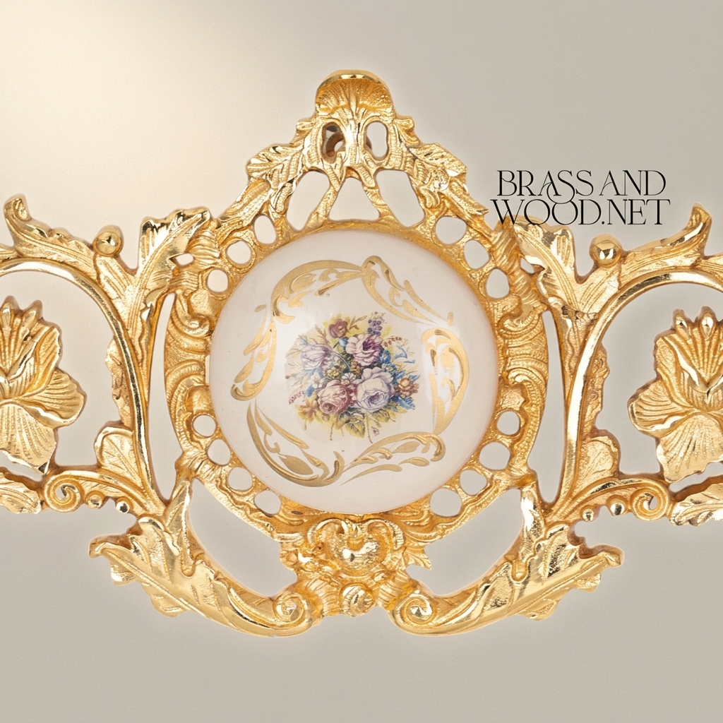 Rococo Brass Wall Cartouche with Porcelain Floral Medallion & Acanthus Scrollwork — Gold
