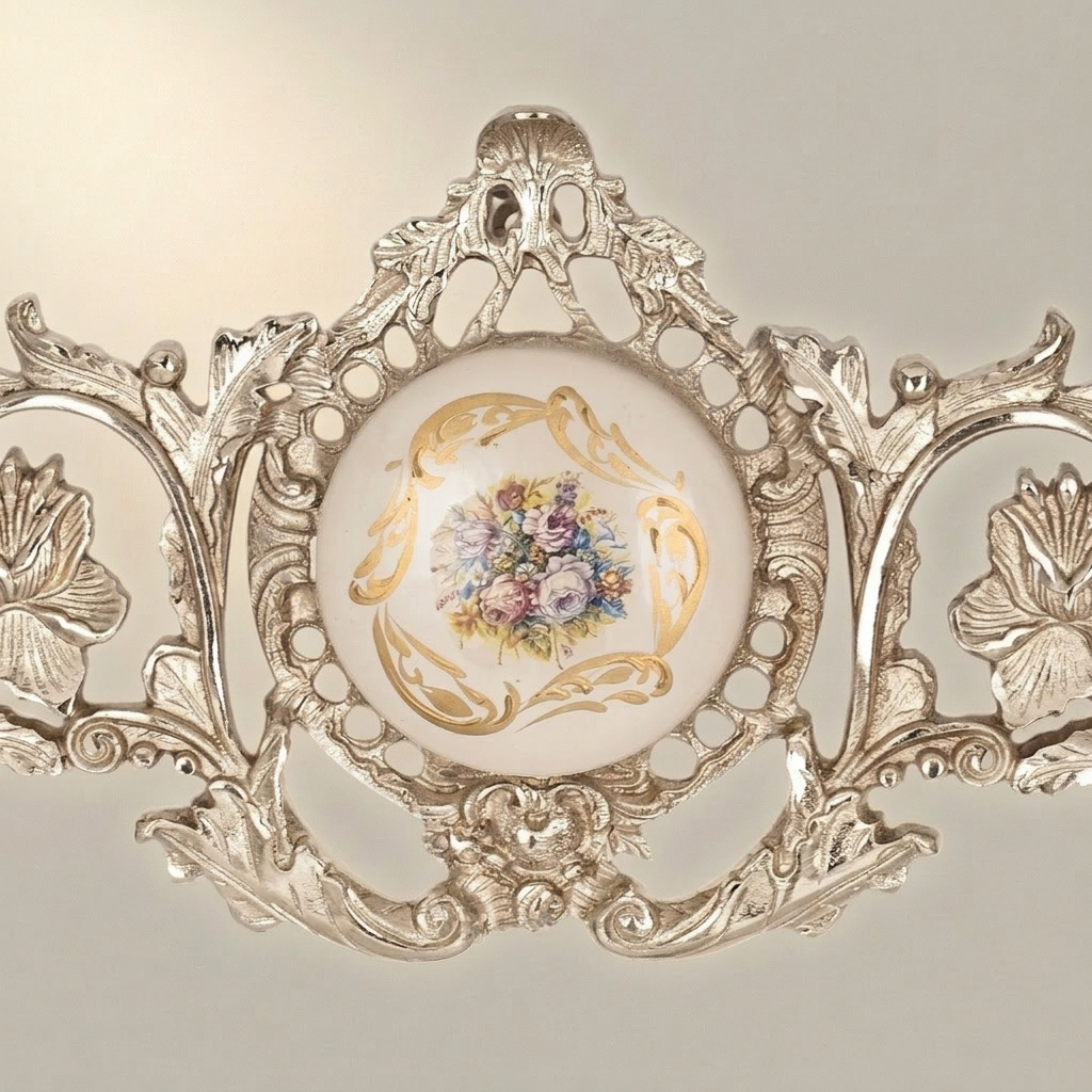 Rococo Brass Wall Cartouche with Porcelain Floral Medallion & Acanthus Scrollwork — Silver