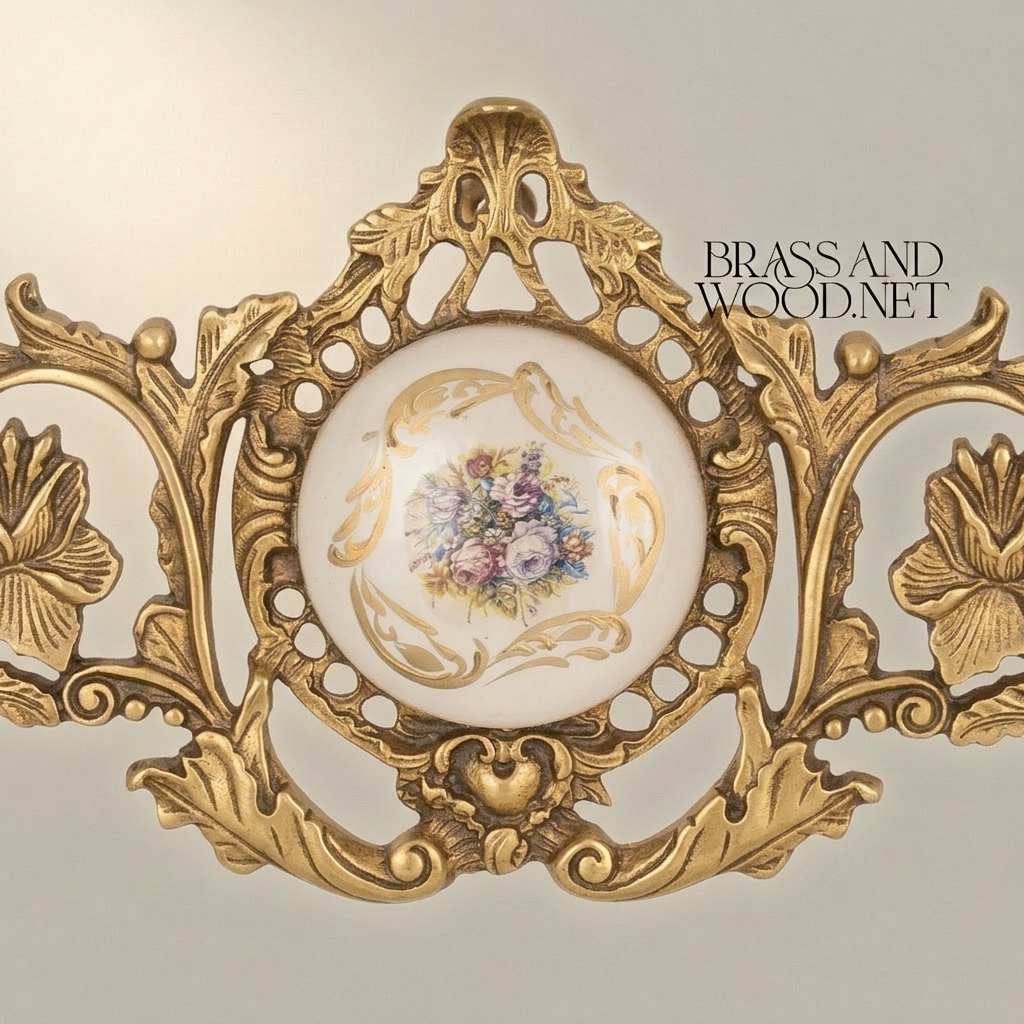 Rococo Brass Wall Cartouche with Porcelain Floral Medallion & Acanthus Scrollwork — Antique Gold