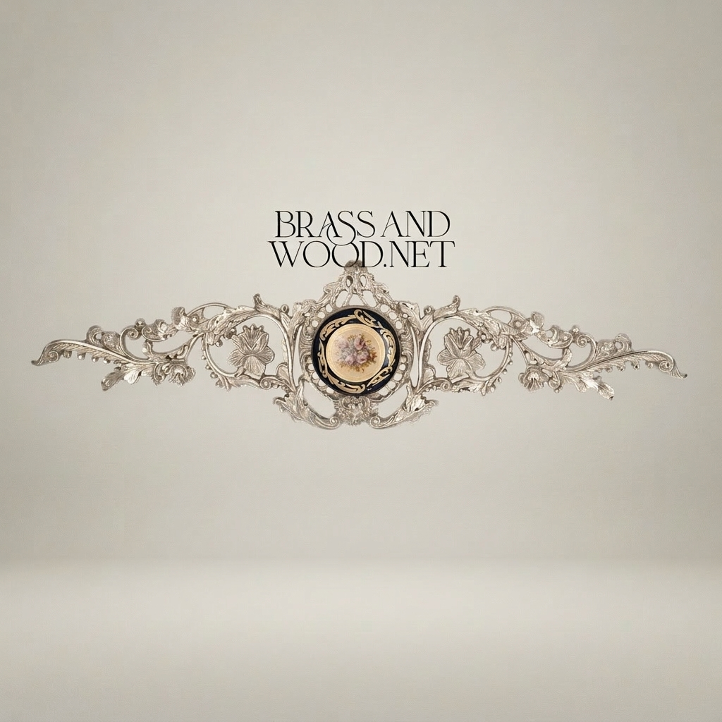 Rococo Brass Wall Cartouche with Sèvres-Style Porcelain Medallion and Acanthus Scrollwork — Silver