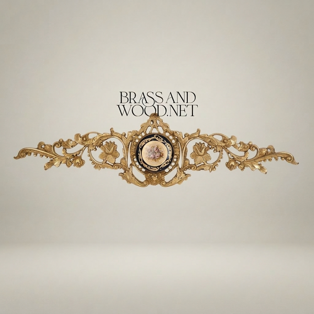 Rococo Brass Wall Cartouche with Sèvres-Style Porcelain Medallion and Acanthus Scrollwork — Antique Gold