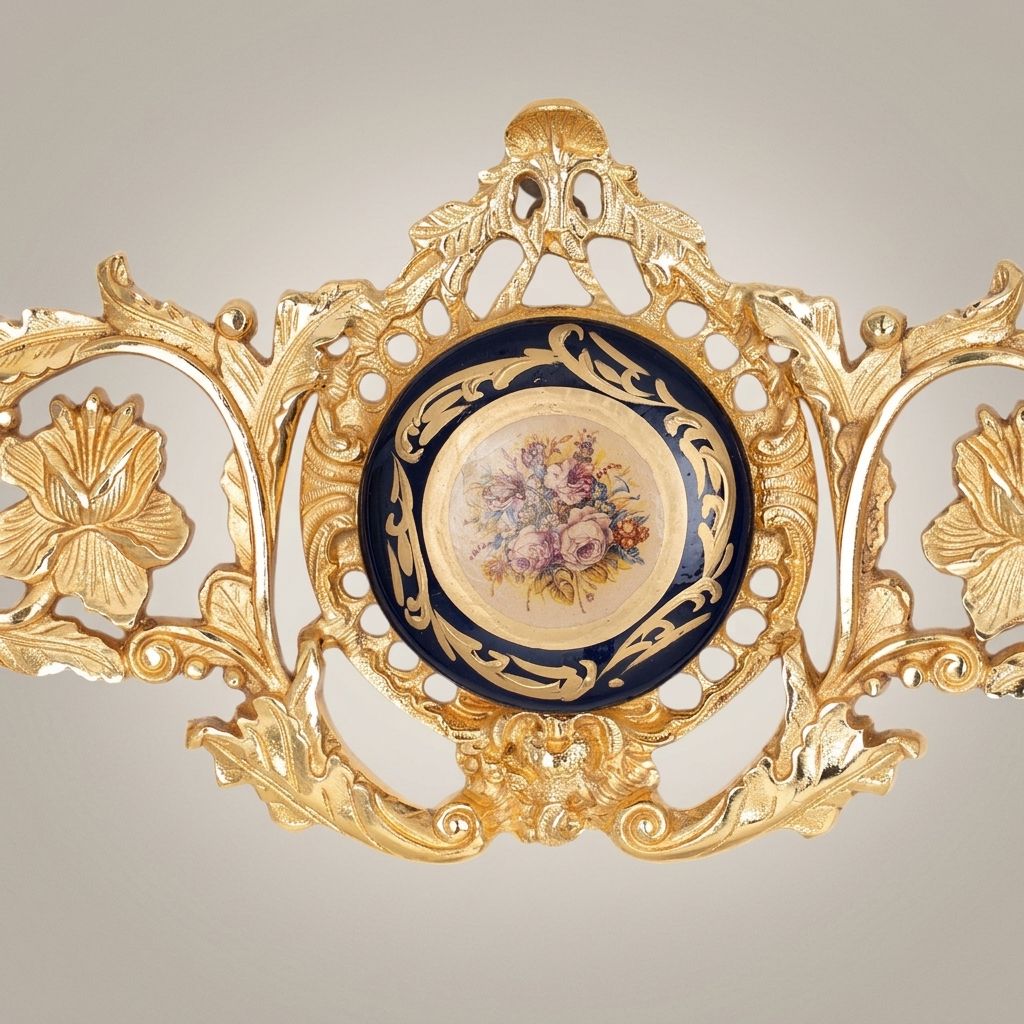 Rococo Brass Wall Cartouche with Sèvres-Style Porcelain Medallion and Acanthus Scrollwork — Gold