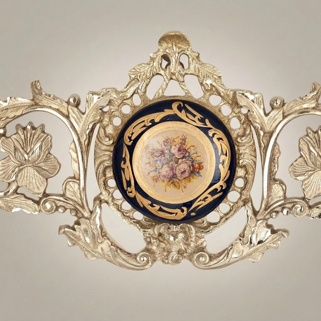 Rococo Brass Wall Cartouche with Sèvres-Style Porcelain Medallion and Acanthus Scrollwork — Silver