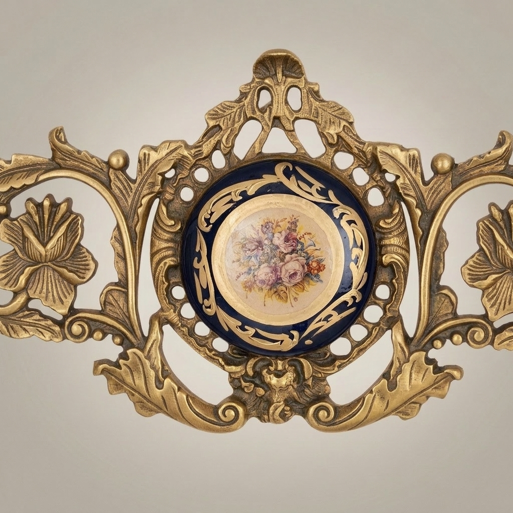 Rococo Brass Wall Cartouche with Sèvres-Style Porcelain Medallion and Acanthus Scrollwork — Antique Gold