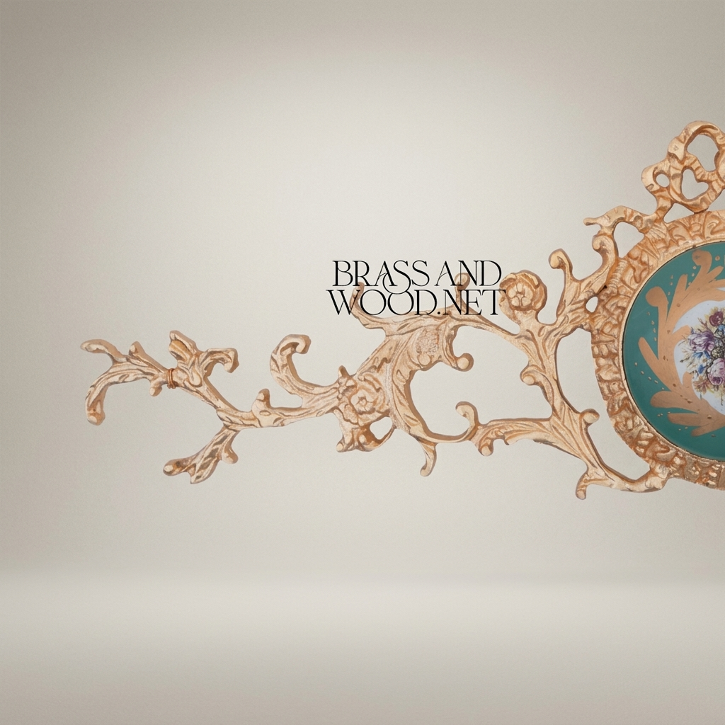 Rococo Brass Wall Cartouche with Turquoise Floral Medallion – Scrolling Acanthus Cresting
