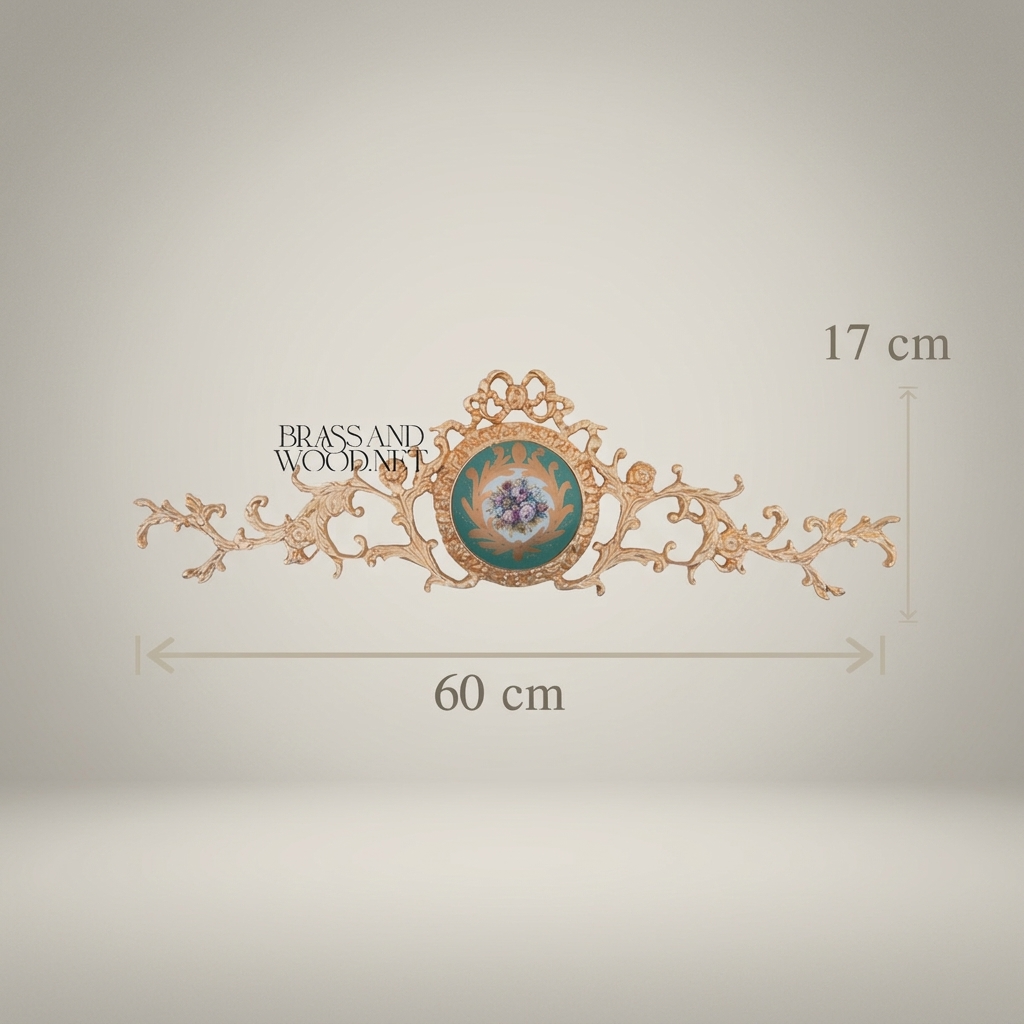 Rococo Brass Wall Cartouche with Turquoise Floral Medallion – Scrolling Acanthus Cresting — Gold
