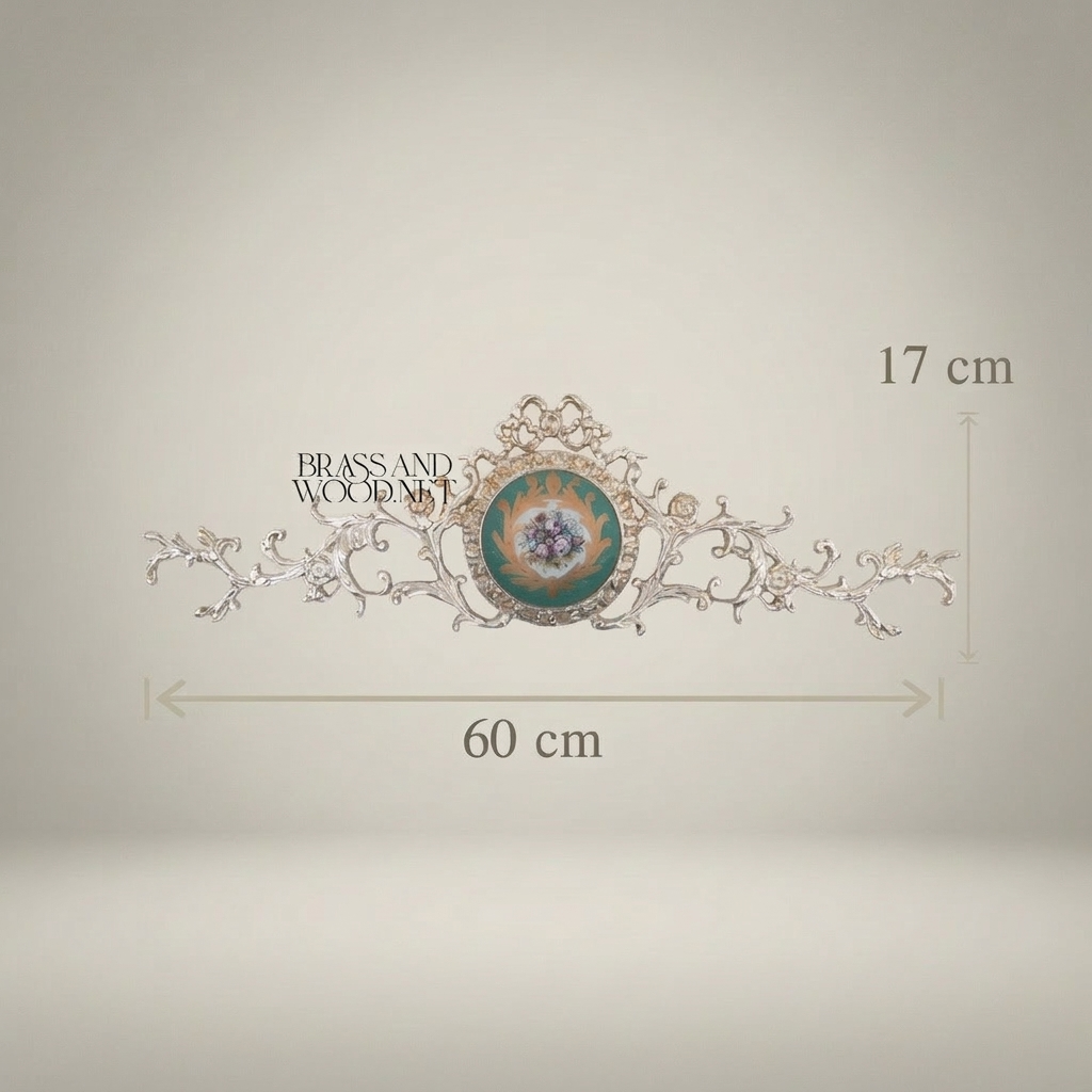 Rococo Brass Wall Cartouche with Turquoise Floral Medallion – Scrolling Acanthus Cresting — Silver