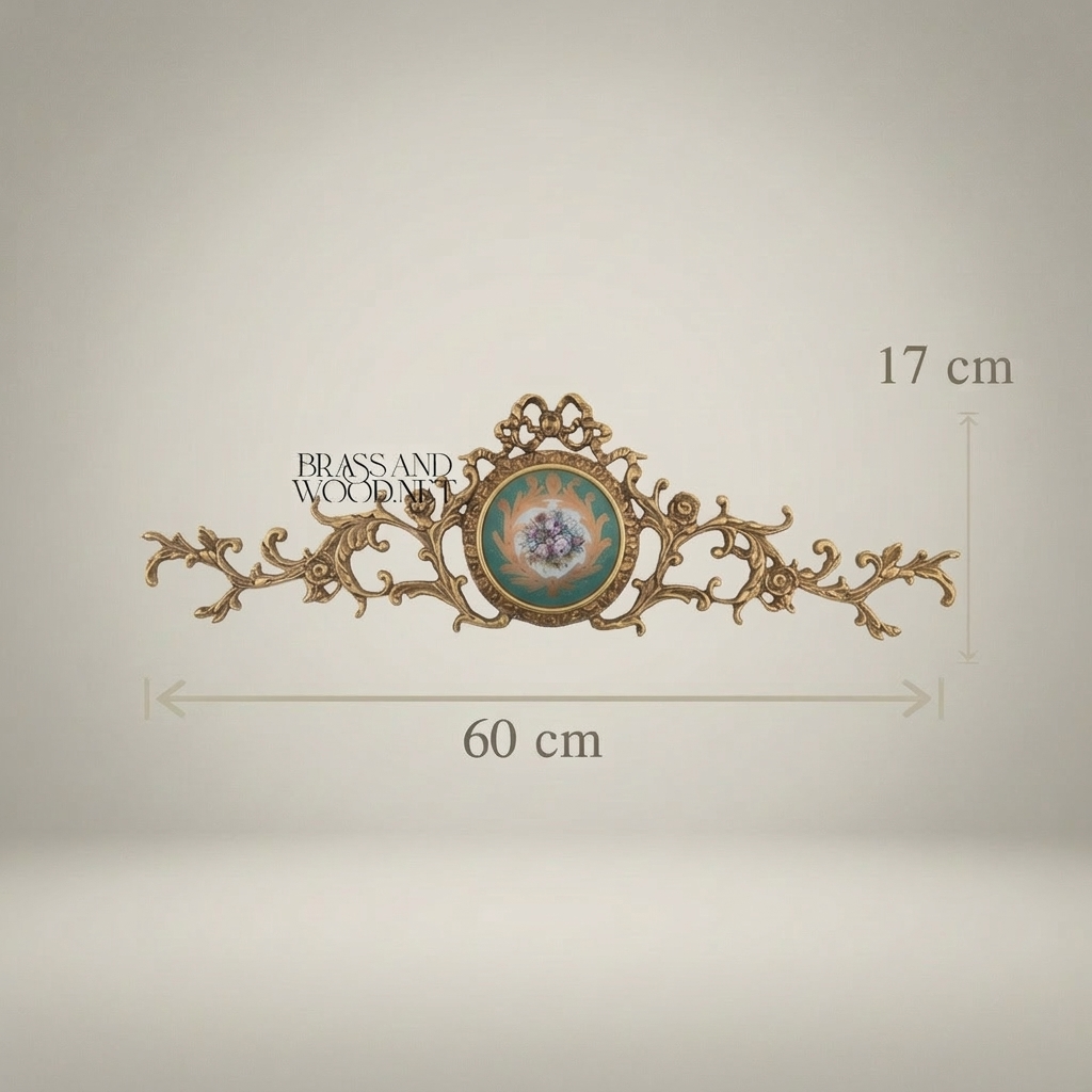 Rococo Brass Wall Cartouche with Turquoise Floral Medallion – Scrolling Acanthus Cresting — Antique Gold
