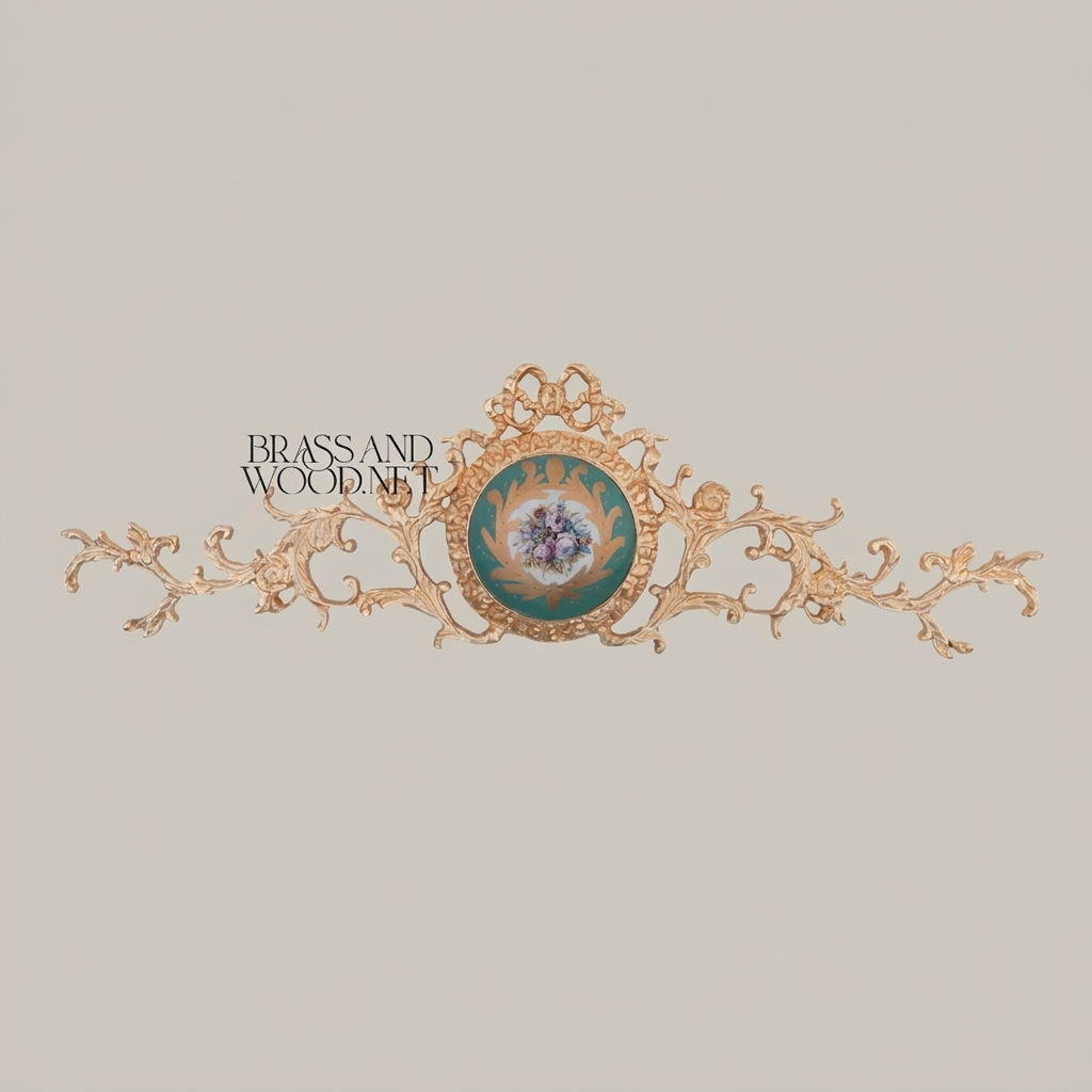 Rococo Brass Wall Cartouche with Turquoise Floral Medallion – Scrolling Acanthus Cresting — Gold