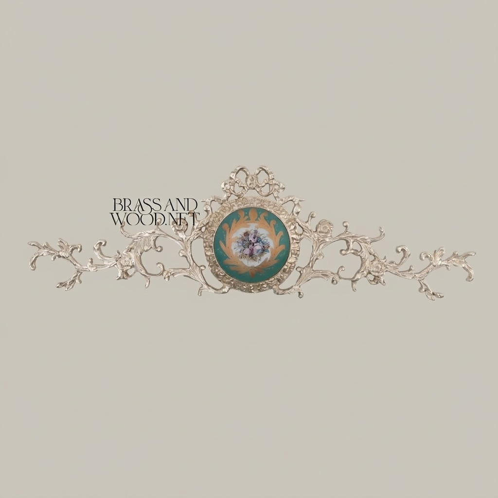 Rococo Brass Wall Cartouche with Turquoise Floral Medallion – Scrolling Acanthus Cresting — Silver