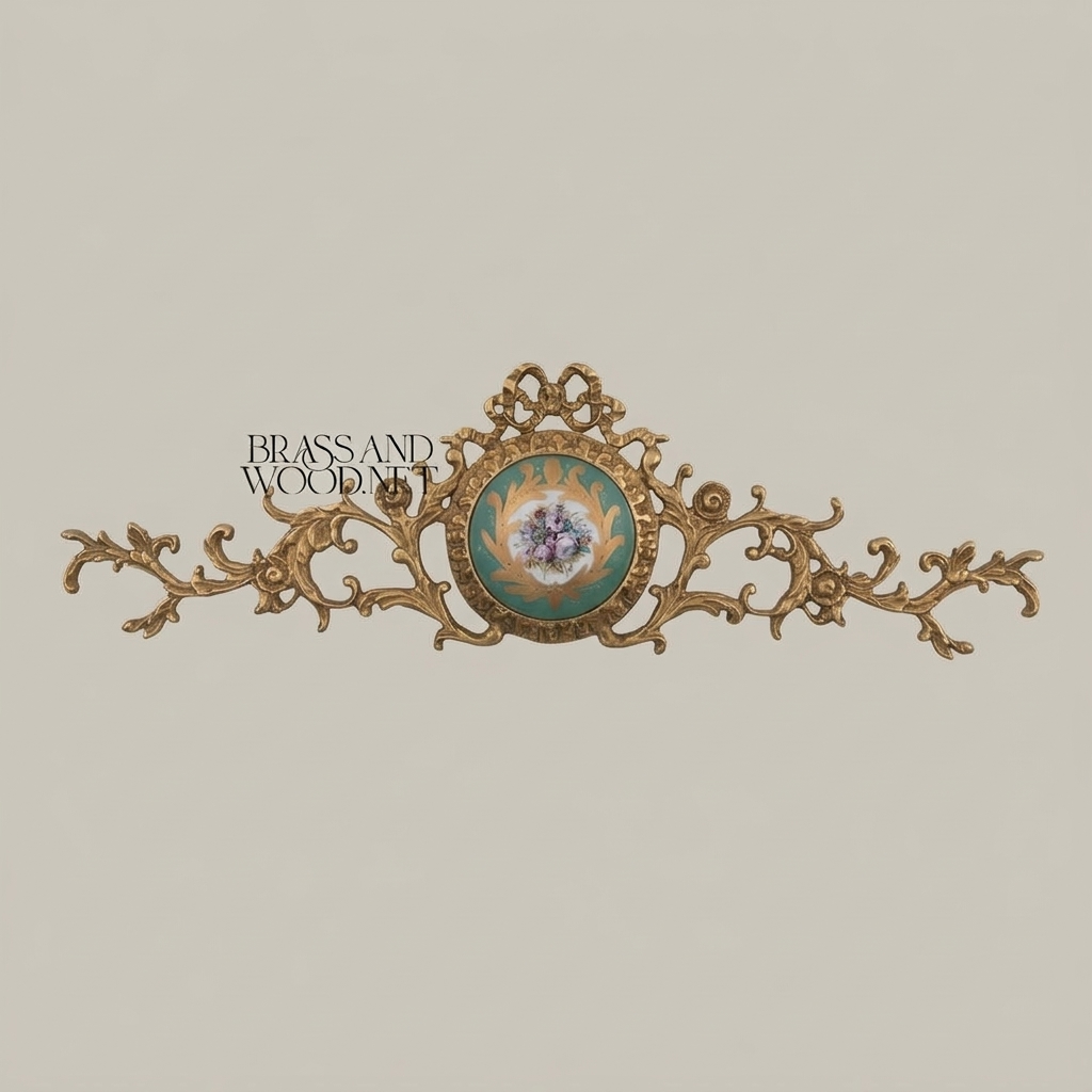 Rococo Brass Wall Cartouche with Turquoise Floral Medallion – Scrolling Acanthus Cresting — Antique Gold