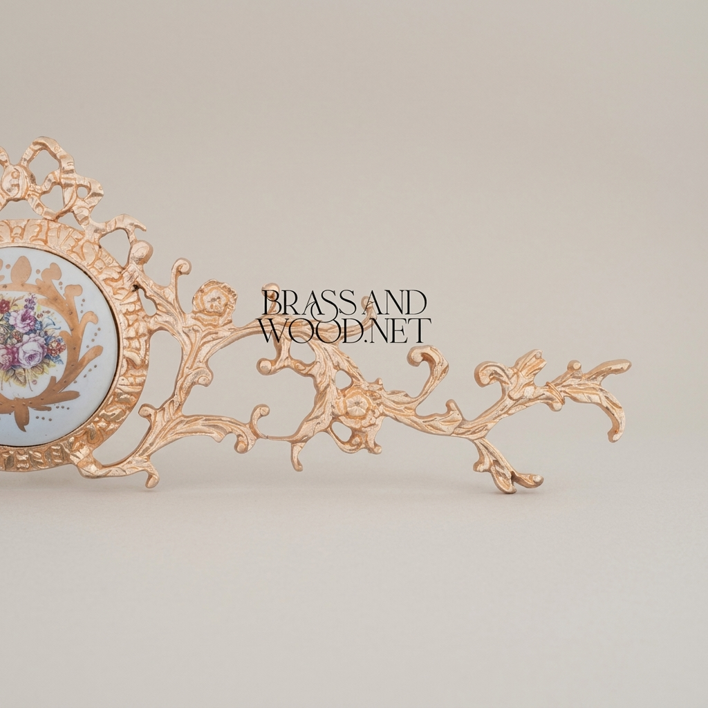 Rococo Brass Wall Crown with Hand-Painted Floral Ceramic Medallion