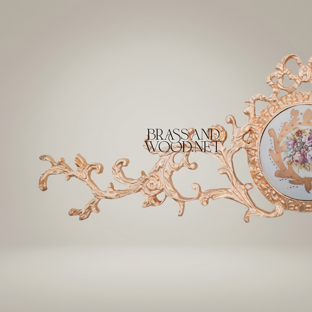 Rococo Brass Wall Crown with Hand-Painted Floral Ceramic Medallion — Gold