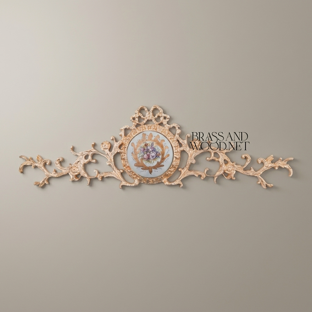 Rococo Brass Wall Crown with Hand-Painted Floral Ceramic Medallion