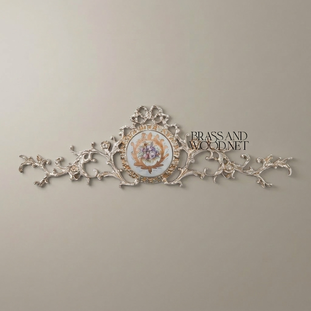 Rococo Brass Wall Crown with Hand-Painted Floral Ceramic Medallion — Silver