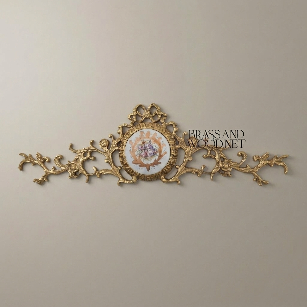 Rococo Brass Wall Crown with Hand-Painted Floral Ceramic Medallion — Antique Gold