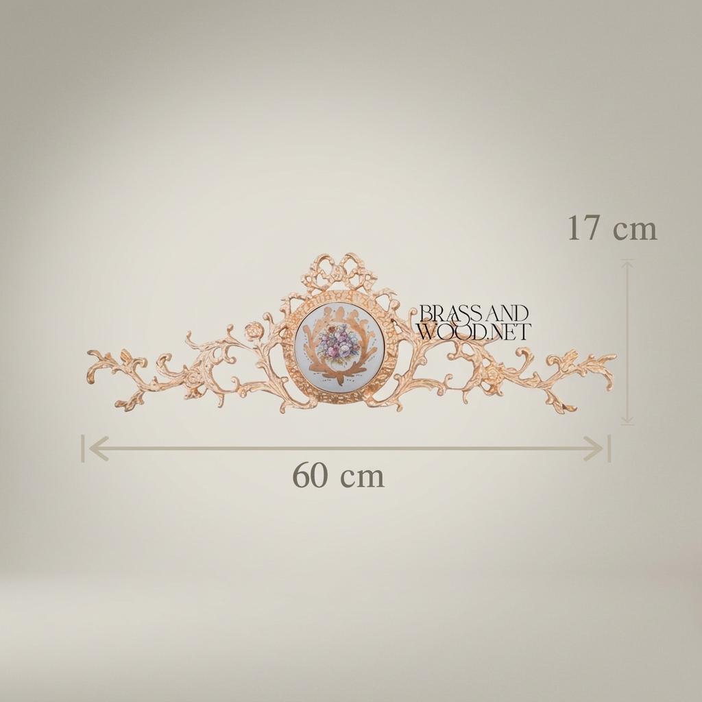 Rococo Brass Wall Crown with Hand-Painted Floral Ceramic Medallion
