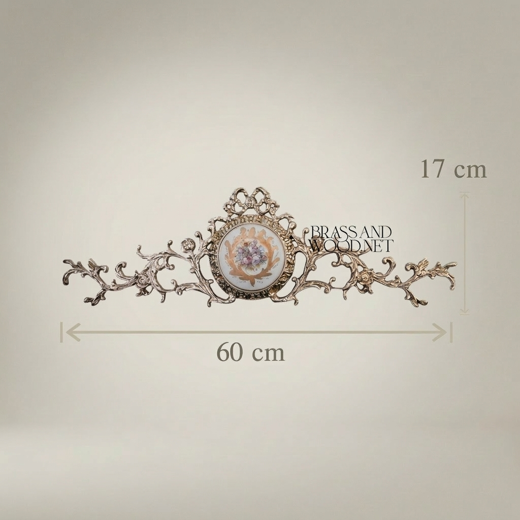 Rococo Brass Wall Crown with Hand-Painted Floral Ceramic Medallion — Silver