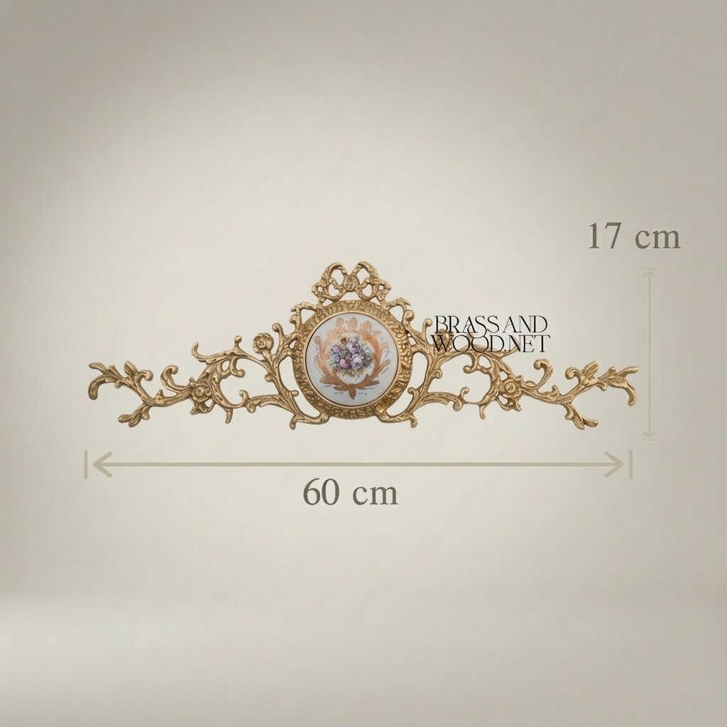 Rococo Brass Wall Crown with Hand-Painted Floral Ceramic Medallion — Antique Gold