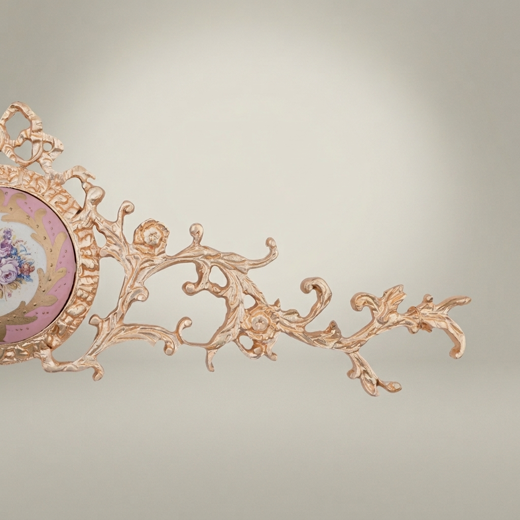 Rococo Brass Wall Crown with Hand-Painted Porcelain Medallion — Scrolling Floral Cresting