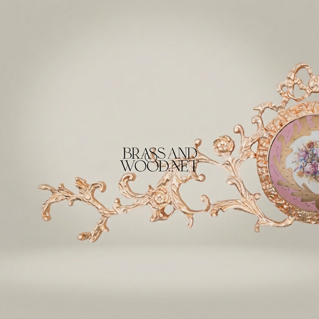 Rococo Brass Wall Crown with Hand-Painted Porcelain Medallion — Scrolling Floral Cresting — Gold