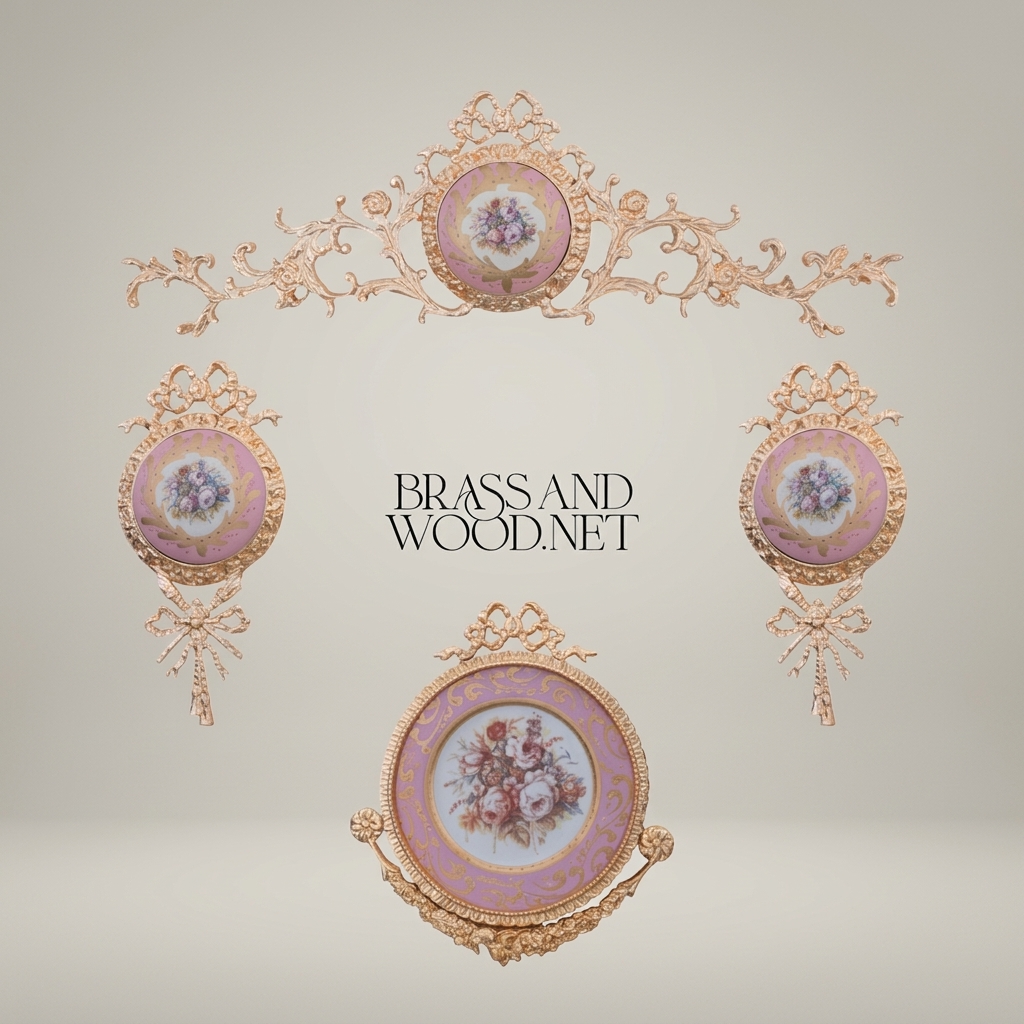 Rococo Brass Wall Crown with Hand-Painted Porcelain Medallion — Scrolling Floral Cresting — Gold