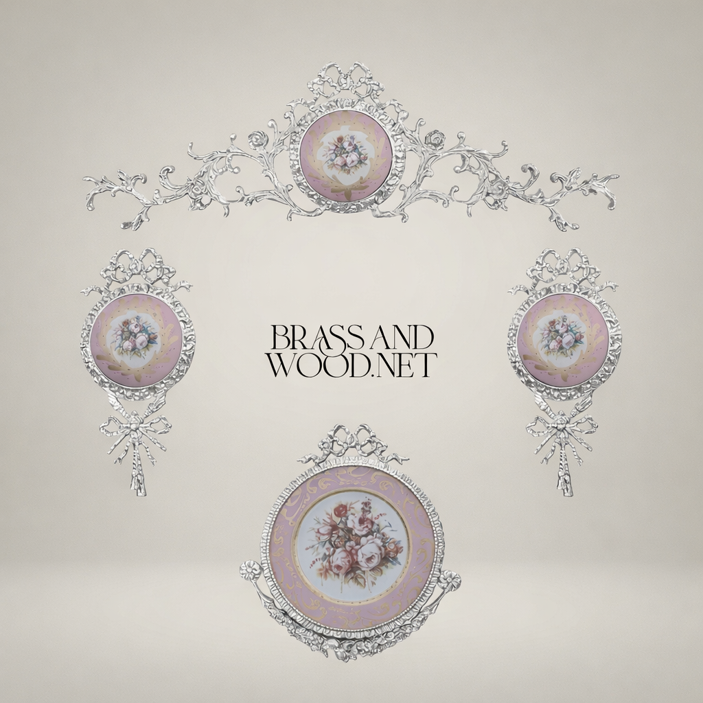 Rococo Brass Wall Crown with Hand-Painted Porcelain Medallion — Scrolling Floral Cresting — Silver