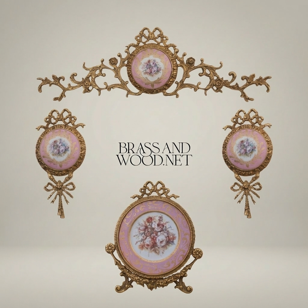 Rococo Brass Wall Crown with Hand-Painted Porcelain Medallion — Scrolling Floral Cresting — Antique Gold
