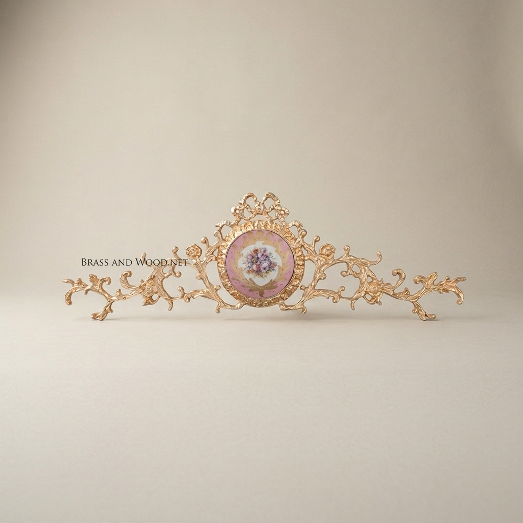Rococo Brass Wall Crown with Hand-Painted Porcelain Medallion — Scrolling Floral Cresting — Gold