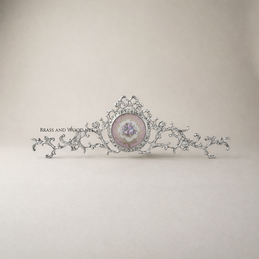 Rococo Brass Wall Crown with Hand-Painted Porcelain Medallion — Scrolling Floral Cresting — Silver