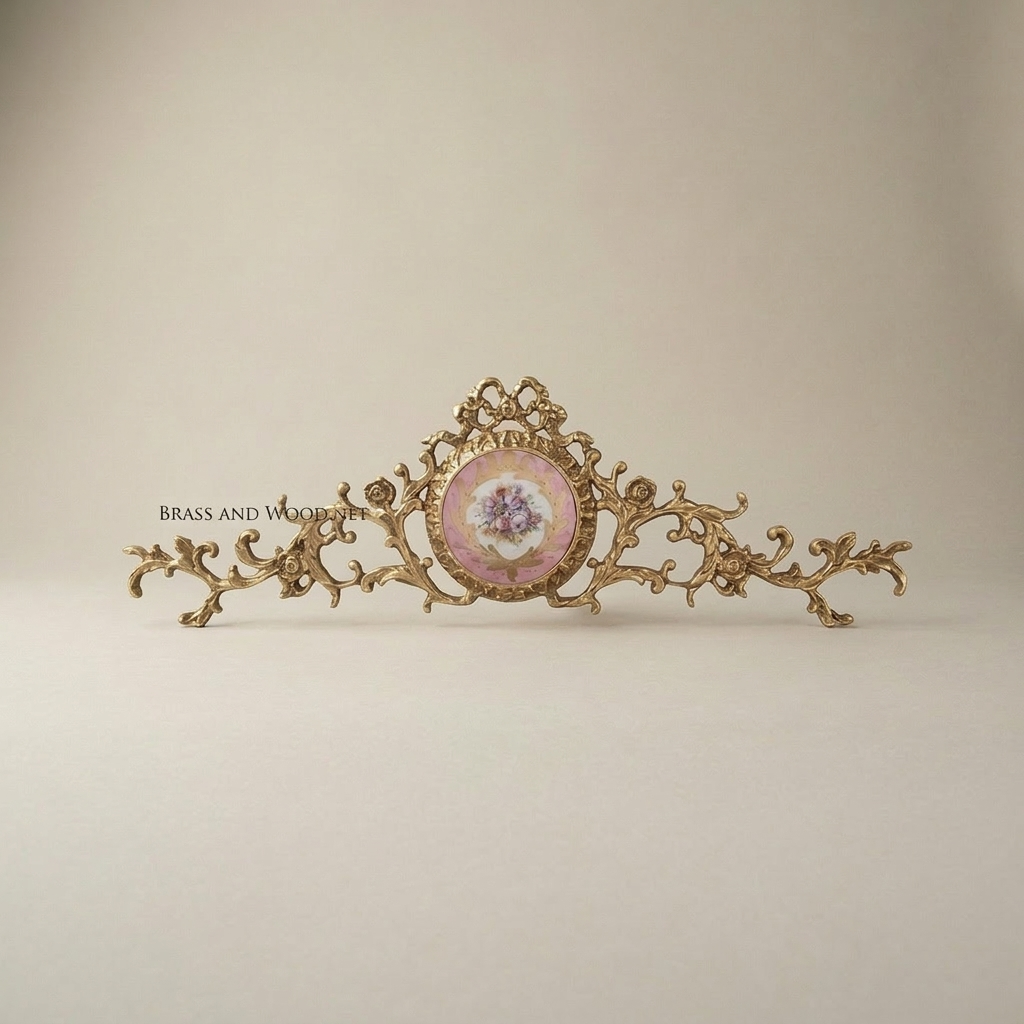 Rococo Brass Wall Crown with Hand-Painted Porcelain Medallion — Scrolling Floral Cresting — Antique Gold