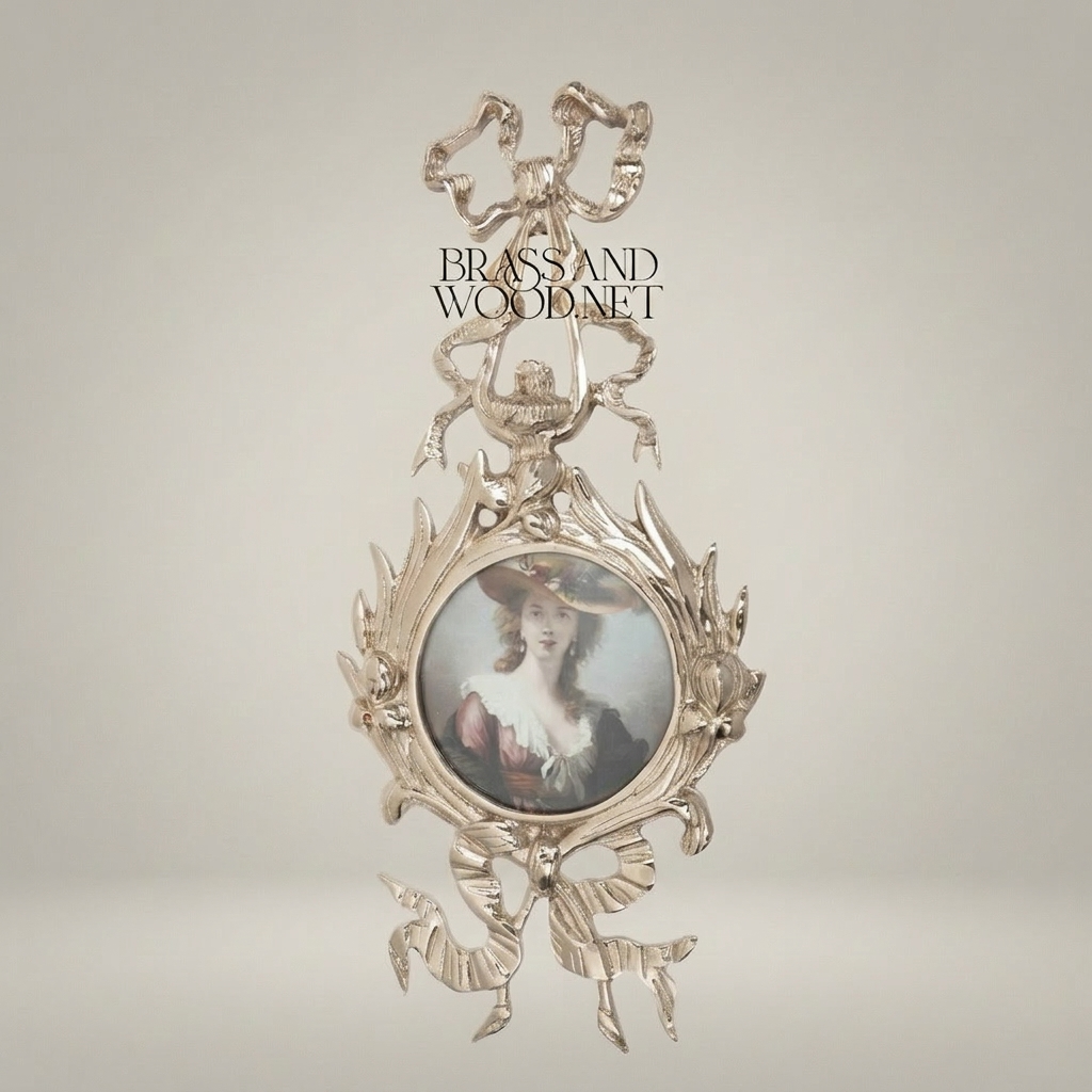 Rococo Brass Wall Frame with Bow & Acanthus Surround — Oval Portrait — Silver
