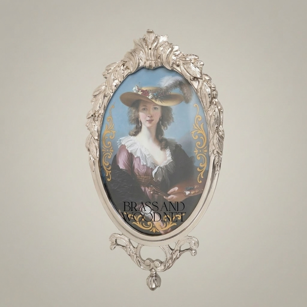 Rococo Brass Wall Frame with Bow & Acanthus Surround — Oval Portrait — Silver