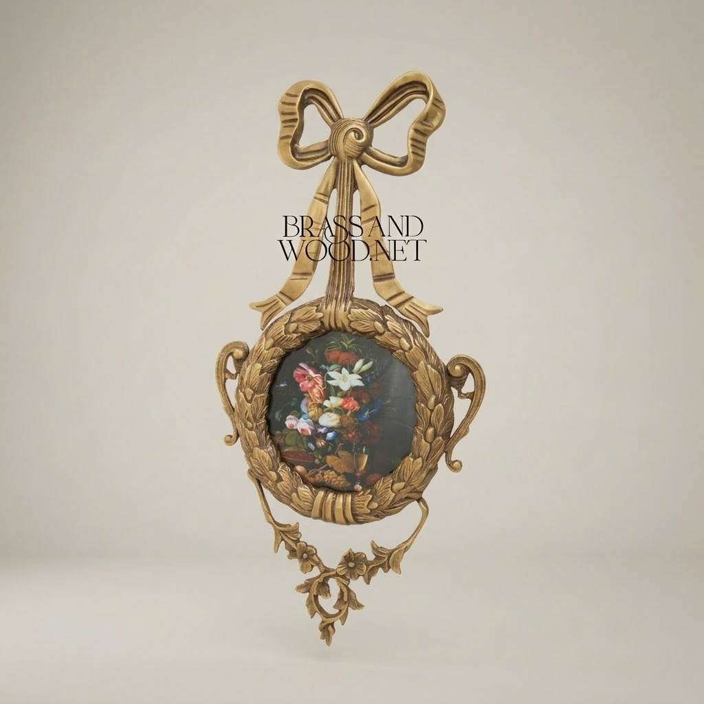 Rococo Brass Wall Frame with Bow & Acanthus Surround — Oval Portrait — Antique Gold