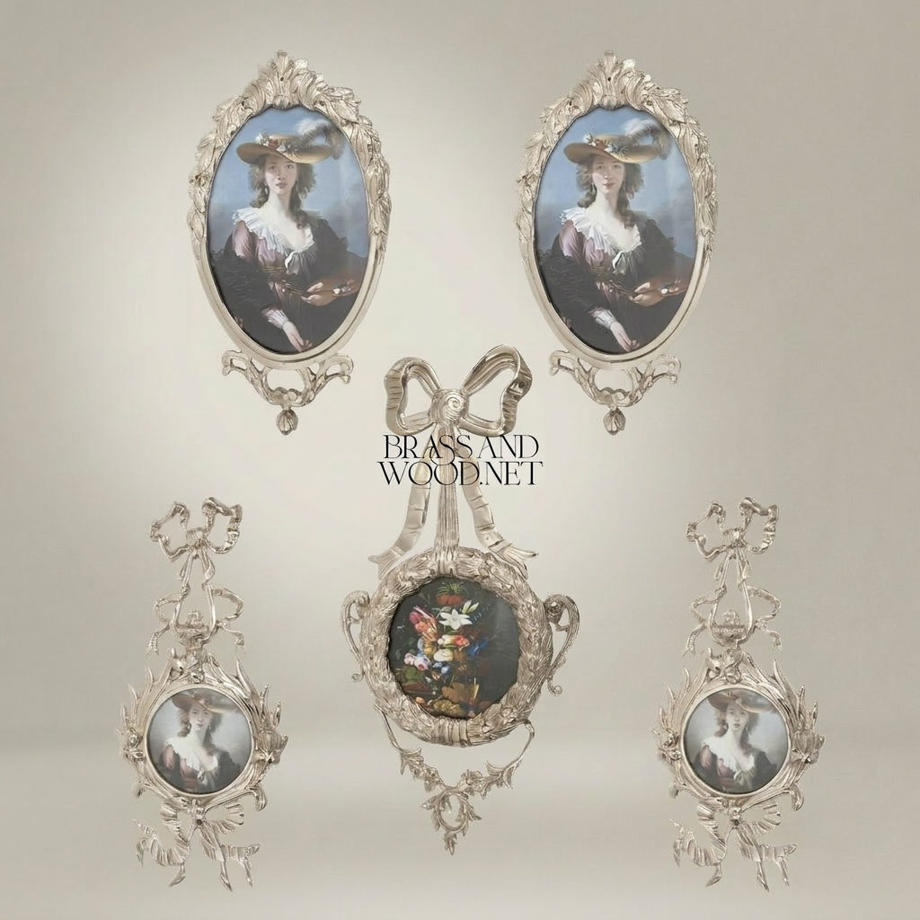 Rococo Brass Wall Frame with Bow & Acanthus Surround — Oval Portrait — Silver