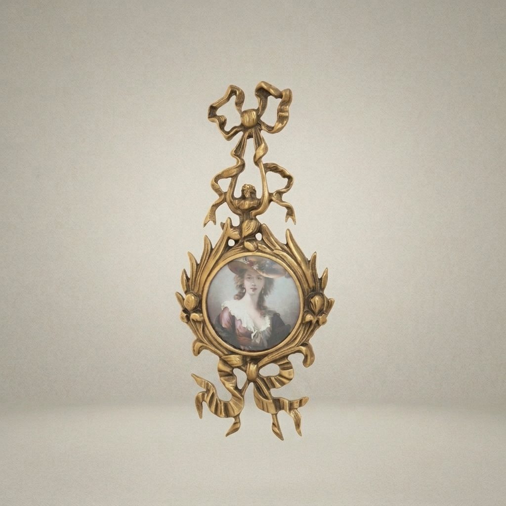 Rococo Brass Wall Frame with Bow & Acanthus Surround — Oval Portrait — Antique Gold