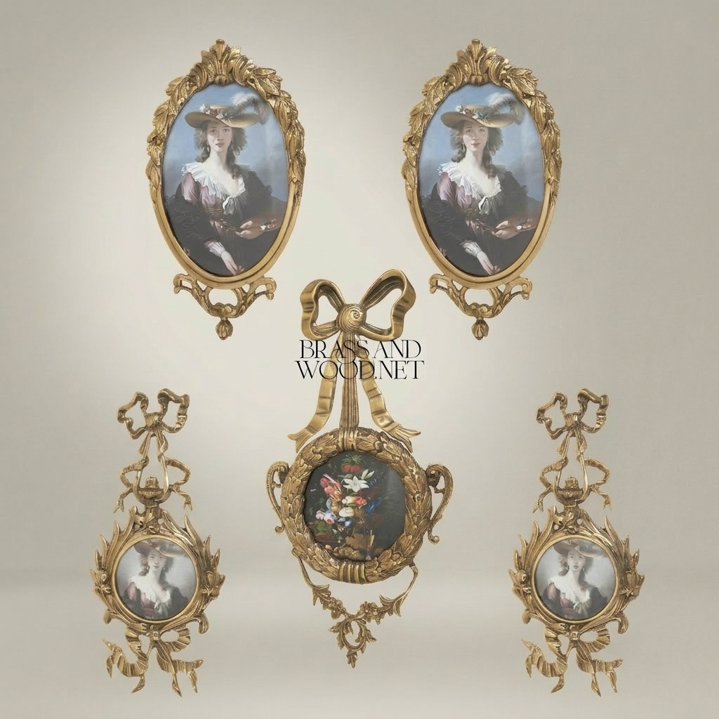 Rococo Brass Wall Frame with Bow & Acanthus Surround — Oval Portrait — Antique Gold