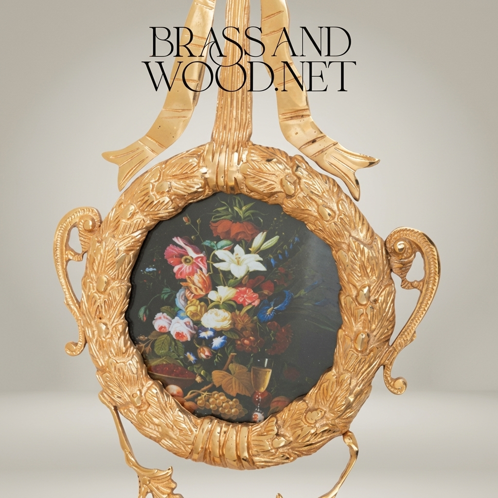 Rococo Brass Wall Medallion with Bow Finial & Floral Still Life Insert
