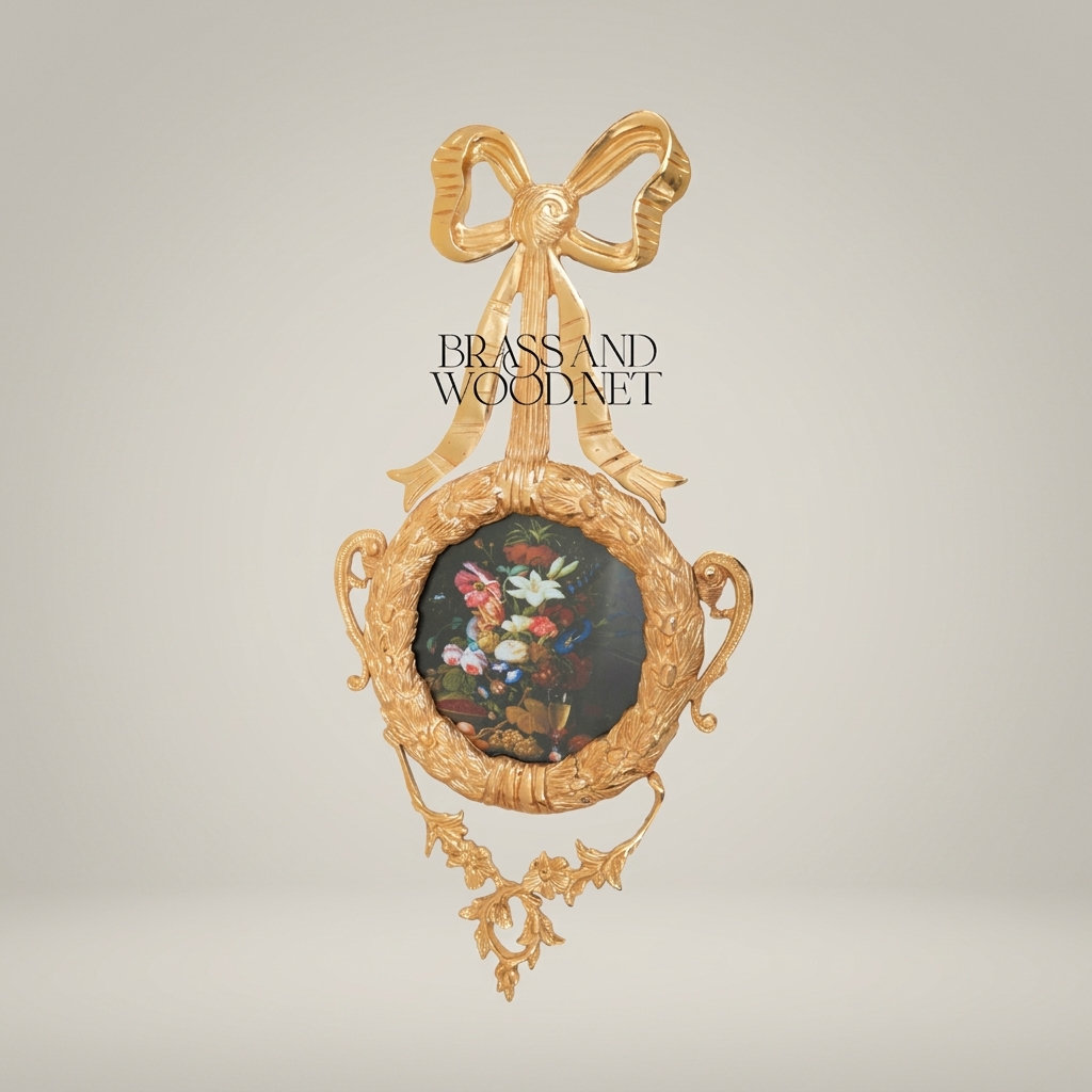 Rococo Brass Wall Medallion with Bow Finial & Floral Still Life Insert — Gold