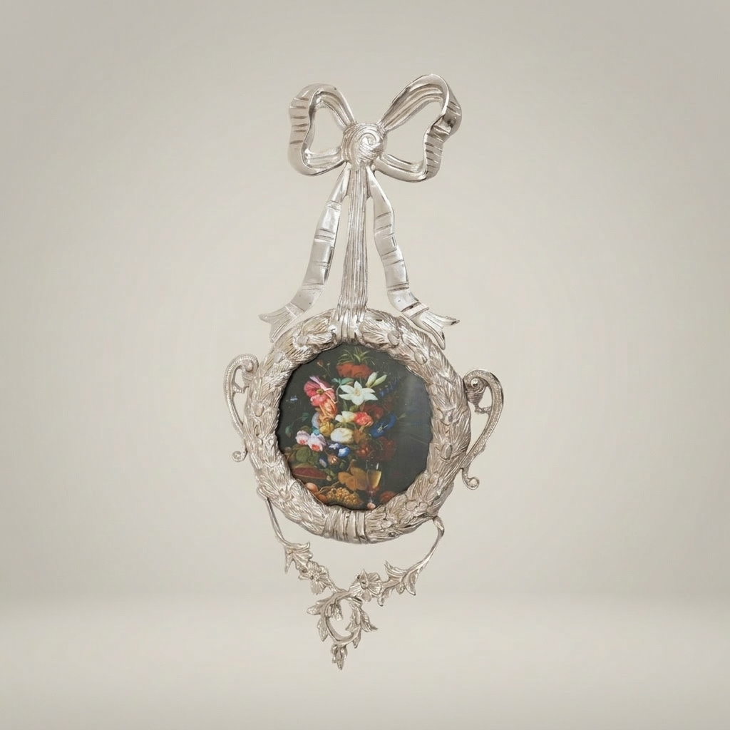 Rococo Brass Wall Medallion with Bow Finial & Floral Still Life Insert — Silver