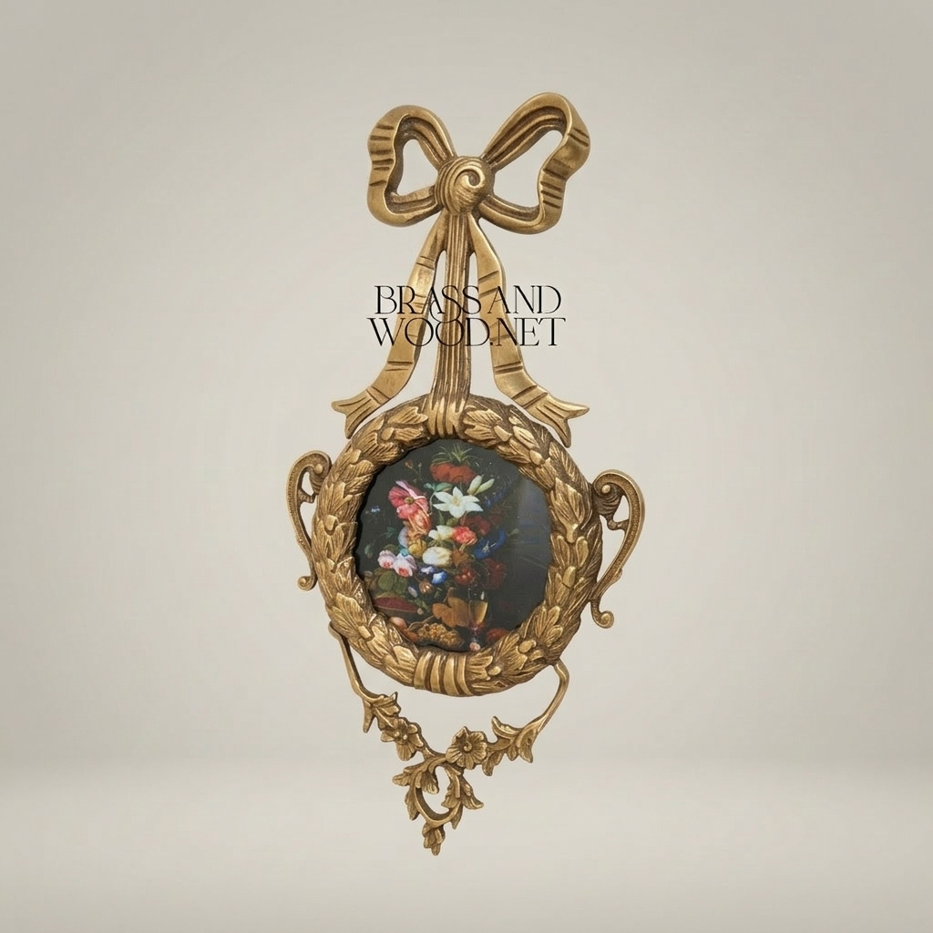 Rococo Brass Wall Medallion with Bow Finial & Floral Still Life Insert — Antique Gold
